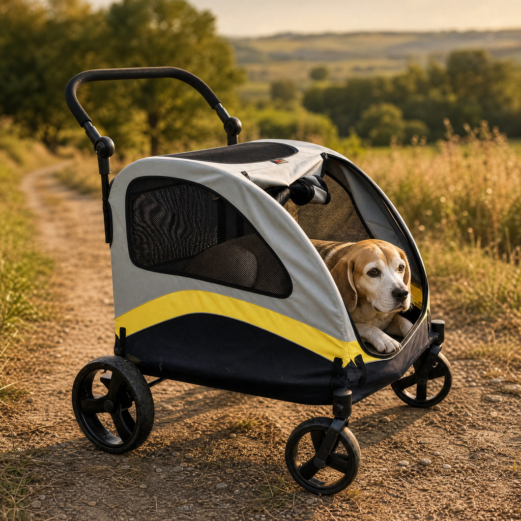 Un vieux beagle couché dans la poussette tout-terrain, sur un chemin de campagne (illustration)