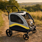 Un vieux beagle couché dans la poussette tout-terrain, sur un chemin de campagne (illustration)