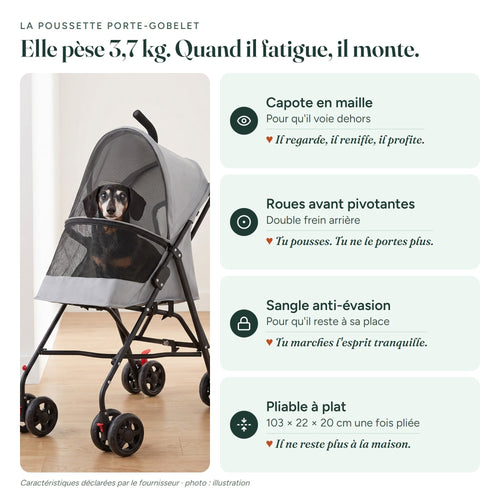 Infographie La poussette porte-gobelet : Capote en maille (Pour qu'il voie dehors) : Il regarde, il renifle, il profite. · Roues avant pivotantes (Double frein arrière) : Tu pousses. Tu ne le portes plus. · Sangle anti-évasion (Pour qu'il reste à sa place) : Tu marches l'esprit tranquille. · Pliable à plat (103 × 22 × 20 cm une fois pliée) : Il ne reste plus à la maison.