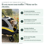 Infographie La poussette tout-terrain (petite taille) : 4 roues pivotantes (Pour les trottoirs comme les chemins) : La forêt redevient votre balade. · Amortisseurs à l'avant (Freins à pédale à l'arrière) : Il se repose pendant que tu marches. · Grandes fenêtres (Il voit dehors et sort la tête) : Il sent le vent, comme avant. · 23 cm une fois pliée (Pour le coffre) : Les sorties du week-end reviennent.