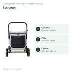 Les cotes : ouverte 59 × 85 × 103 cm, pliée 59 × 85 × 23 cm, cabine 60 × 36 × 46,5 cm (fournisseur)