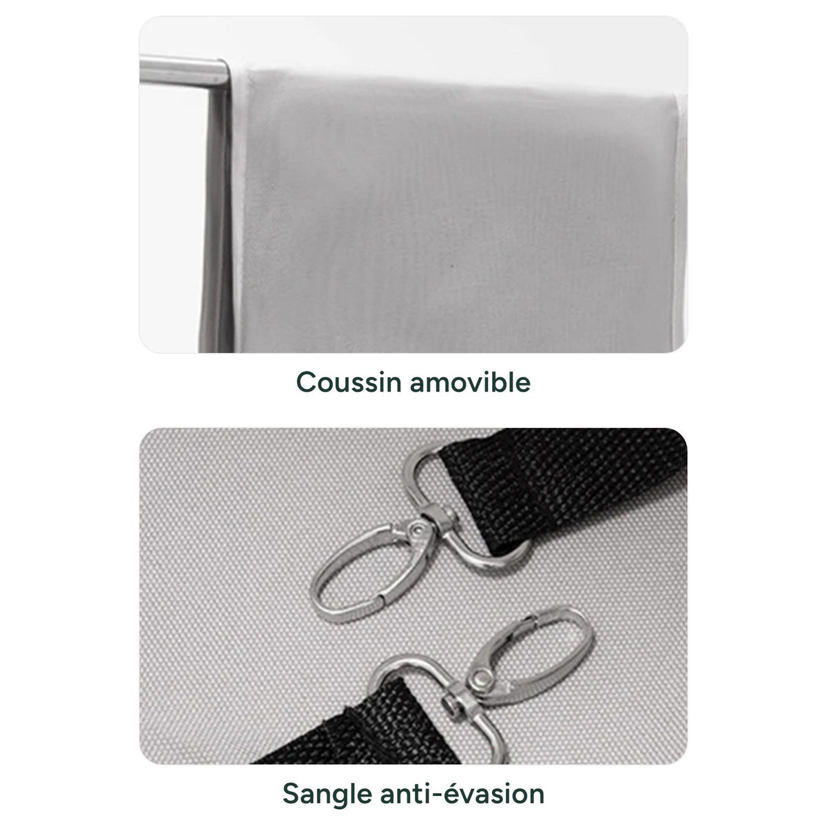 Coussin amovible et sangle anti-évasion, fournis avec la poussette (photo du fournisseur)