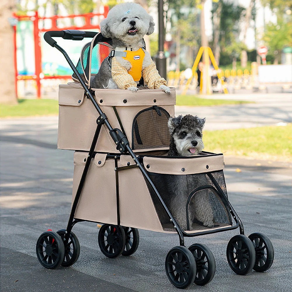 Deux petits chiens dans la poussette double étage kaki, un par étage (photo du fournisseur)