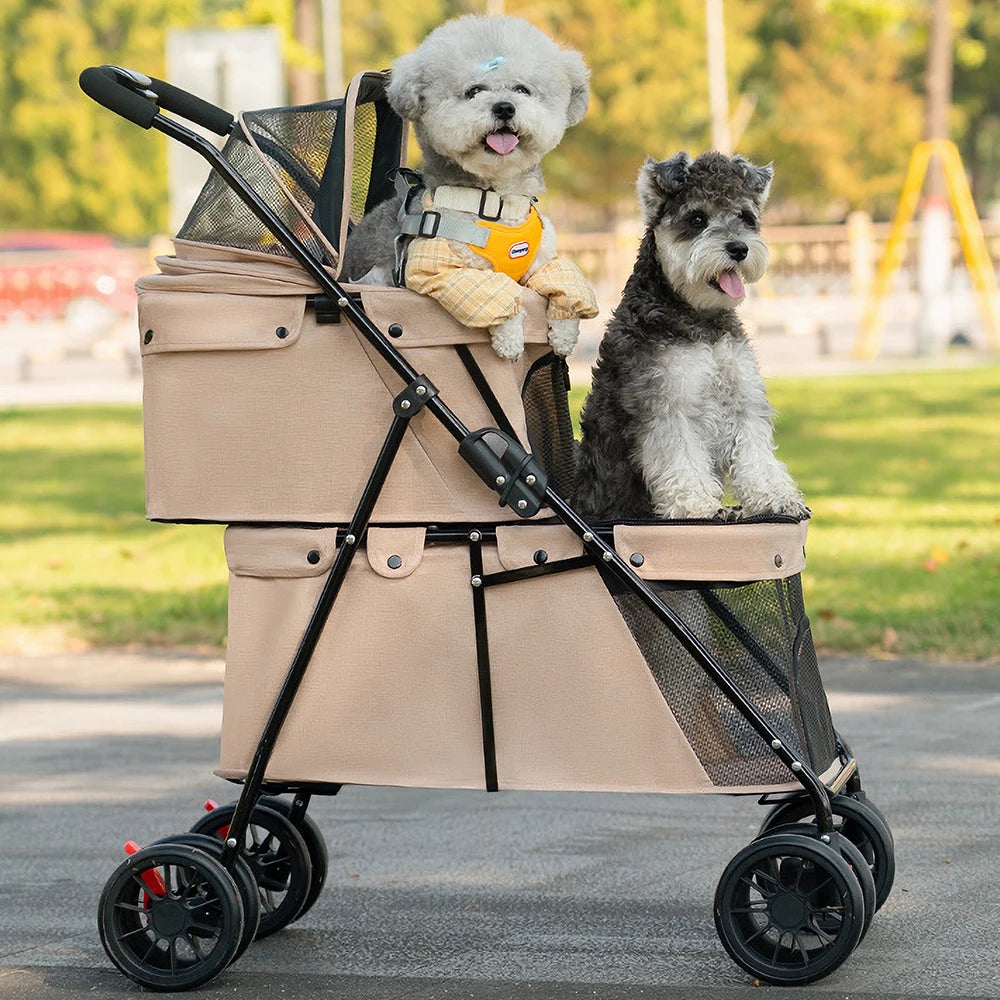 Deux petits chiens côte à côte dans la poussette double étage kaki (photo du fournisseur)