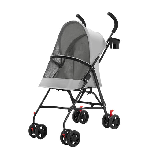 Poussette pliable grise avec porte-gobelet, vue de trois quarts (photo du fournisseur)