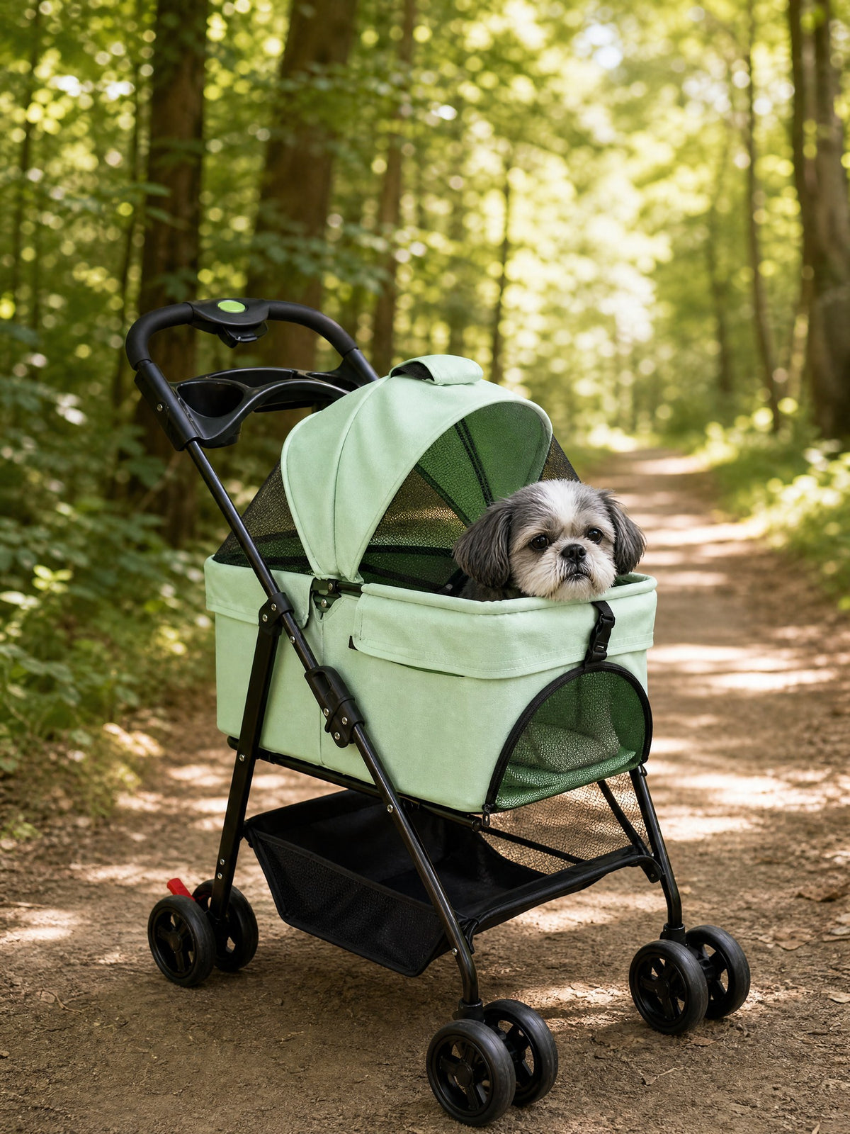 Un vieux shih tzu dans la poussette Oxford 600D verte, sur un chemin de forêt (illustration)
