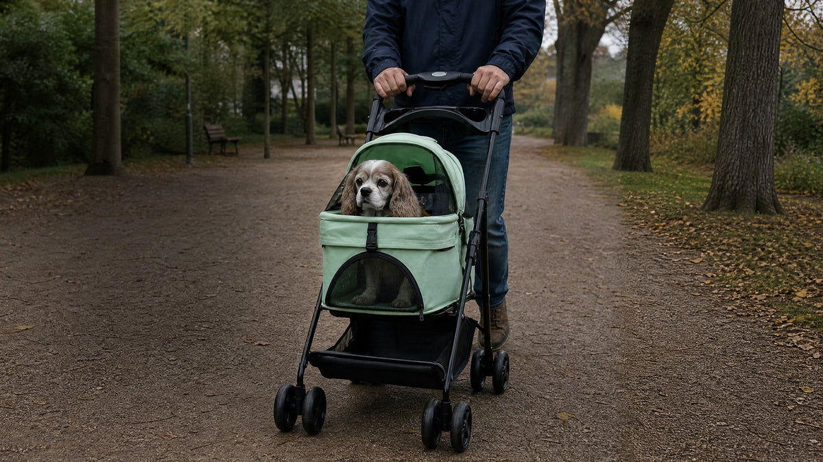 Un homme pousse la poussette Oxford 600D verte au milieu d'une allée de parc en automne ; un vieux cavalier king charles est assis dedans (illustration)